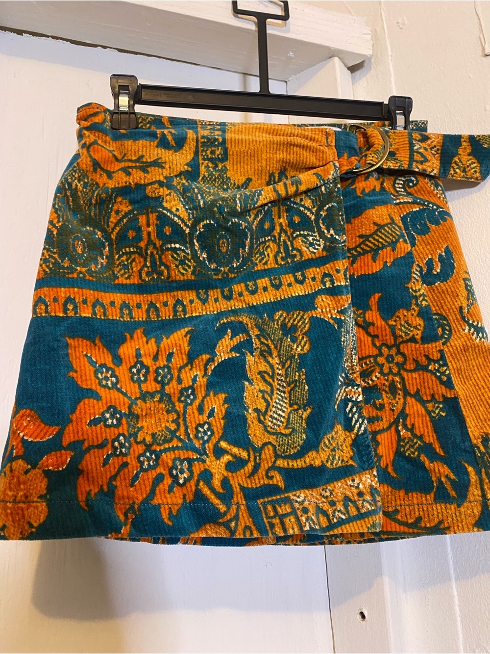 Urban Outfitters Teal and Orange Floral Corduroy Wrap Mini Skirt